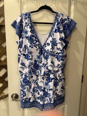 🌊☀️ Blue & White Floral Swim Romper — Size XL